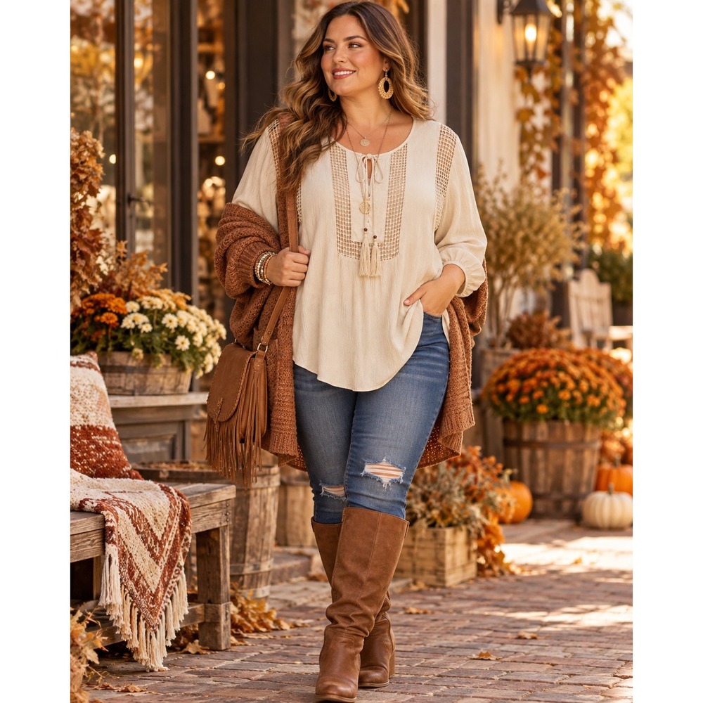 Women Large Beige Boho Crochet Tassel Blouse Flowy Hi Low 3/4 Sleeve Top